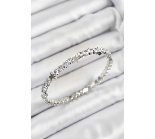 Pirinç Zirkon Taşlı Yıldız Model Gümüş Renk Yaylı Kadın Bileklik - TJ-BB7218