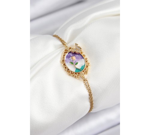 316L Çelik Zincir Mineli Sanatsal Portre Zirkon Taşlı Detaylı Çiçek Model Gold Renk Kadın Bileklik - TJ-BB7224