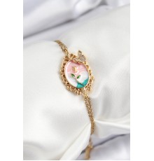 316L Çelik Zincir Mineli Sanatsal Portre Zirkon Taşlı Detaylı Çiçek Model Gold Renk Kadın Bileklik - TJ-BB7225