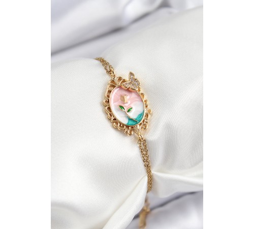 316L Çelik Zincir Mineli Sanatsal Portre Zirkon Taşlı Detaylı Çiçek Model Gold Renk Kadın Bileklik - TJ-BB7225