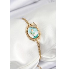 316L Çelik Zincir Mineli Sanatsal Portre Zirkon Taşlı Detaylı Çiçek Model Gold Renk Kadın Bileklik - TJ-BB7226