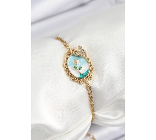 316L Çelik Zincir Mineli Sanatsal Portre Zirkon Taşlı Detaylı Çiçek Model Gold Renk Kadın Bileklik - TJ-BB7226