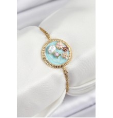 316L Çelik Zincir Turkuaz Mineli Sanatsal Portre İnci Detaylı Çiçek Model Gold Renk Kadın Bileklik - TJ-BB7227