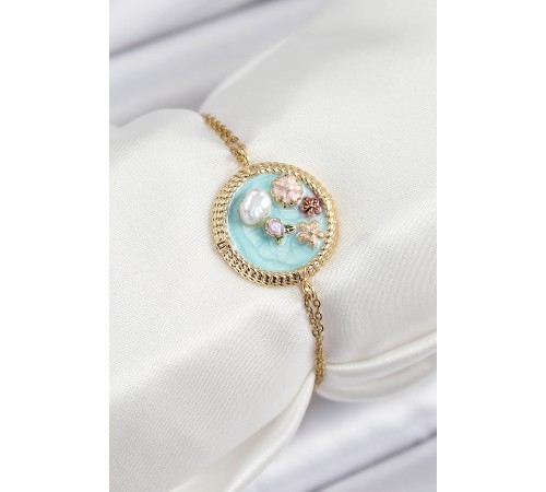 316L Çelik Zincir Turkuaz Mineli Sanatsal Portre İnci Detaylı Çiçek Model Gold Renk Kadın Bileklik - TJ-BB7227