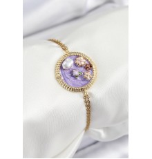 316L Çelik Zincir Mor Mineli Sanatsal Portre İnci Detaylı Çiçek Model Gold Renk Kadın Bileklik - TJ-BB7228