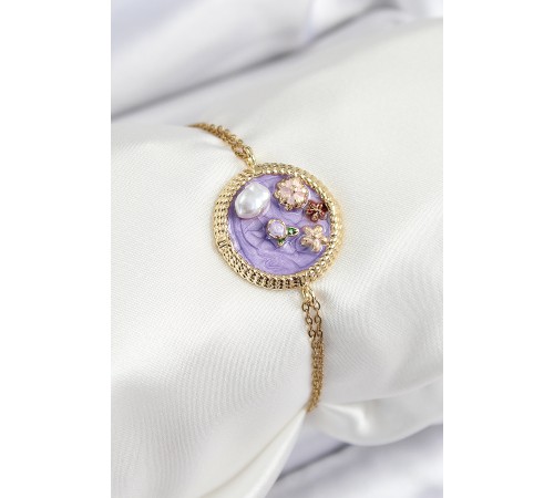 316L Çelik Zincir Mor Mineli Sanatsal Portre İnci Detaylı Çiçek Model Gold Renk Kadın Bileklik - TJ-BB7228