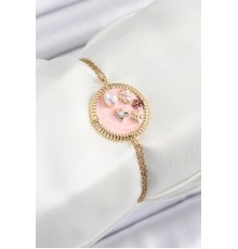 316L Çelik Zincir Pembe Mineli Sanatsal Portre İnci Detaylı Çiçek Model Gold Renk Kadın Bileklik - TJ-BB7229