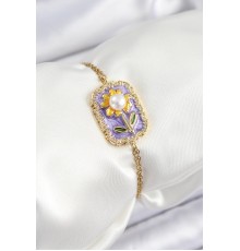 316L Çelik Zincir Mor Mineli Sanatsal Portre İnci Detaylı Papatya Model Gold Renk Kadın Bileklik - TJ-BB7231