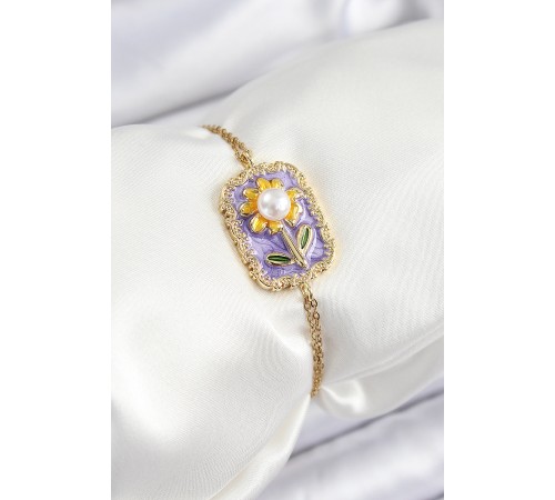316L Çelik Zincir Mor Mineli Sanatsal Portre İnci Detaylı Papatya Model Gold Renk Kadın Bileklik - TJ-BB7231