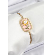 316L Çelik Zincir Pembe Mineli Sanatsal Portre İnci Detaylı Papatya Model Gold Renk Kadın Bileklik - TJ-BB7232