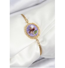 316L Çelik Zincir Mor Mineli Sanatsal Portre İnci Detaylı Lale Model Gold Renk Kadın Bileklik - TJ-BB7236