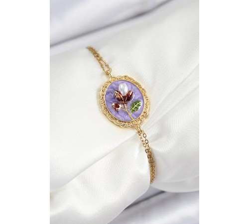 316L Çelik Zincir Mor Mineli Sanatsal Portre İnci Detaylı Lale Model Gold Renk Kadın Bileklik - TJ-BB7236