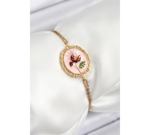 316L Çelik Zincir Pembe Mineli Sanatsal Portre İnci Detaylı Lale Model Gold Renk Kadın Bileklik - TJ-BB7237