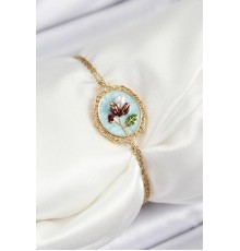 316L Çelik Zincir Turkuaz Mineli Sanatsal Portre İnci Detaylı Lale Model Gold Renk Kadın Bileklik - TJ-BB7238