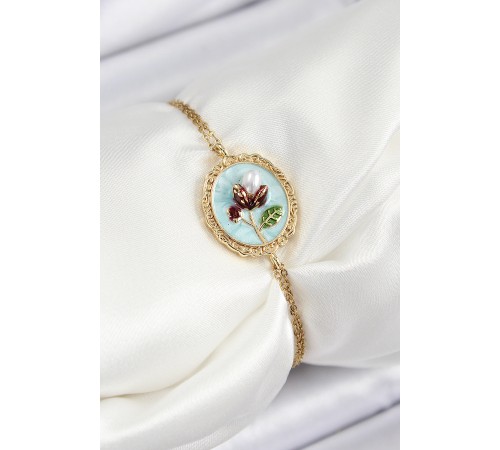 316L Çelik Zincir Turkuaz Mineli Sanatsal Portre İnci Detaylı Lale Model Gold Renk Kadın Bileklik - TJ-BB7238