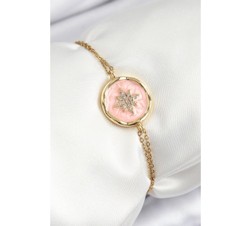 316L Çelik Zincir Pembe Mineli Sanatsal Portre Kuzey Yıldızı Model Gold Renk Kadın Bileklik - TJ-BB7239