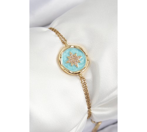 316L Çelik Zincir Turkuaz Mineli Sanatsal Portre Kuzey Yıldızı Model Gold Renk Kadın Bileklik - TJ-BB7241