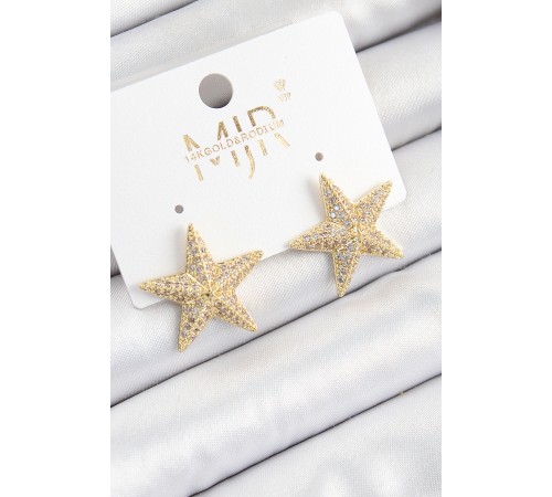 Pirinç Zirkon Taşlı Yıldız Model Gold Renk Kadın Küpe - TJ-BKP10781