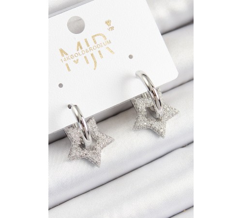 Pirinç Zirkon Taşlı Yıldız Figürlü Halka Model Gümüş Renk Kadın Küpe - TJ-BKP10782