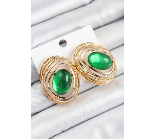 Pirinç Zümrüt Yeşili Zirkon Taşlı Oval Model Gold Renk Kadın Küpe - TJ-BKP10785