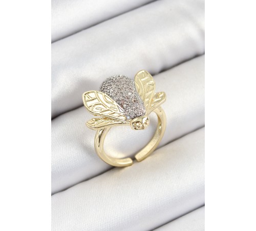 Pirinç Zirkon Taşlı Arı Model Gümüş Ve Gold Renk Kadın Yüzük - TJ-BYK3792