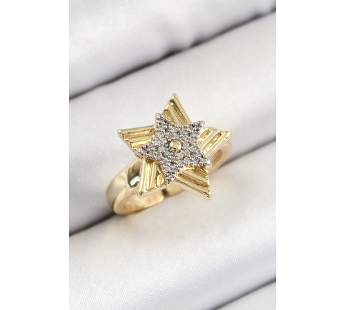 Pirinç Zirkon Taşlı Yıldız Model Gold Ve Gümüş Renk Kadın Yüzük - TJ-BYK3794