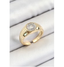 Pirinç Zirkon Taşlı Sekizgen Model Gold Renk Kadın Yüzük - TJ-BYK3796