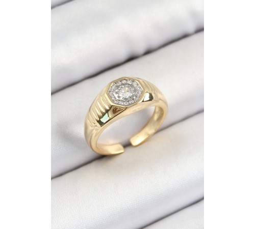 Pirinç Zirkon Taşlı Sekizgen Model Gold Renk Kadın Yüzük - TJ-BYK3796