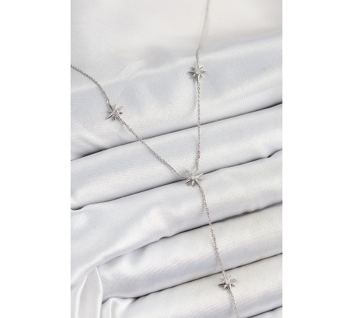 Pirinç Zirkon Taşlı Kutup Yıldız Figürlü Y Model Gümüş Renk Kadın Kolye - TJ-BKO10311