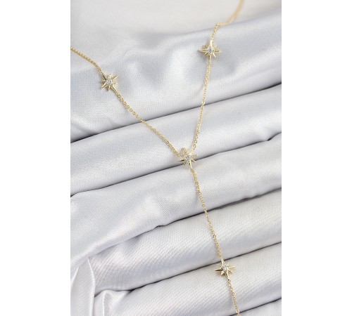 Pirinç Zirkon Taşlı Kutup Yıldız Figürlü Y Model Gold Renk Kadın Kolye - TJ-BKO10312