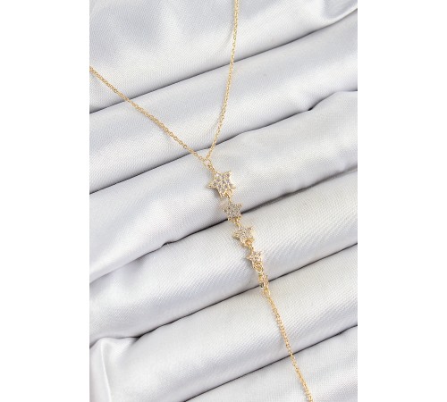 Pirinç Zirkon Taşlı Sıralı Yıldız Figürlü Y Model Gold Renk Kadın Kolye - TJ-BKO10314