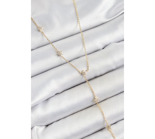 Pirinç Zirkon Taşlı Sıralı Yıldız Figürlü Y Model Gold Renk Kadın Kolye - TJ-BKO10316