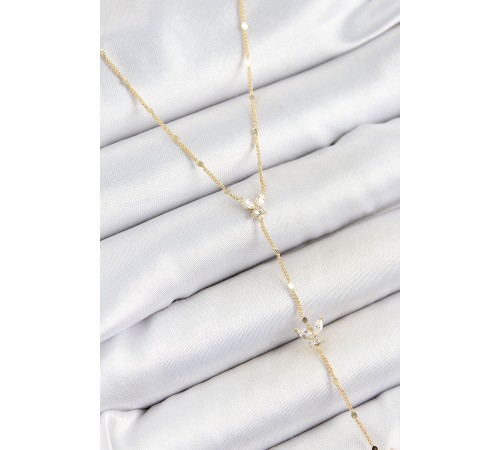 Pirinç Zirkon Taşlı Sıralı Figürlü Y Model Gold Renk Kadın Kolye - TJ-BKO10318