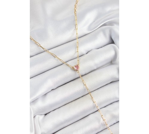 Pirinç Zirkon Taşlı Pembe Kalp Figürlü Y Model Gold Renk Kadın Kolye - TJ-BKO10320