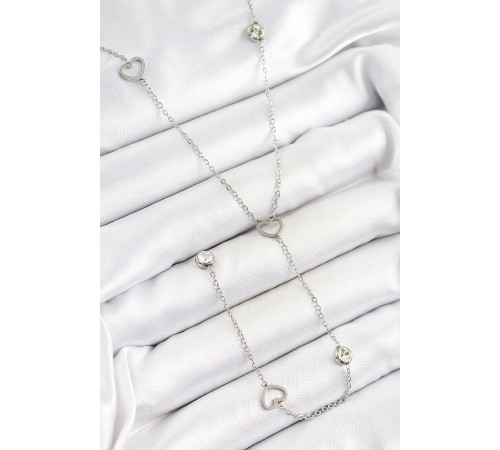 316L Çelik Zirkon Taşlı Kalp Figürlü Y Model Gümüş Renk Kadın Kolye - TJ-BKO10334