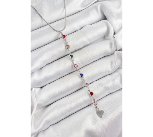 Pirinç Gümüş Renk Karışık Renk Zirkon Taşlı Kalpli Y Kadın Kolye - TJ-BKO10338