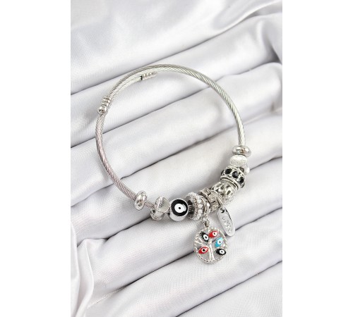 316L Çelik Siyah Nazarlı Zirkon Taşlı İnci Detaylı Hayat Ağacı Model Gümüş Renk Charm Bileklik - TJ-BB7242