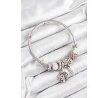 316L Çelik Pembe Nazarlı Zirkon Taşlı İnci Detaylı Hayat Ağacı Model Gümüş Renk Charm Bileklik - TJ-BB7243