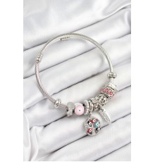 316L Çelik Pembe Nazarlı Zirkon Taşlı İnci Detaylı Hayat Ağacı Model Gümüş Renk Charm Bileklik - TJ-BB7243