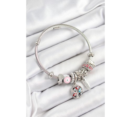 316L Çelik Pembe Nazarlı Zirkon Taşlı İnci Detaylı Hayat Ağacı Model Gümüş Renk Charm Bileklik - TJ-BB7243