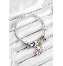 316L Çelik Lacivert Nazarlı Zirkon Taşlı İnci Detaylı Hayat Ağacı Model Gümüş Renk Charm Bileklik - TJ-BB7244