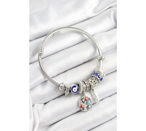 316L Çelik Lacivert Nazarlı Zirkon Taşlı İnci Detaylı Hayat Ağacı Model Gümüş Renk Charm Bileklik - TJ-BB7244