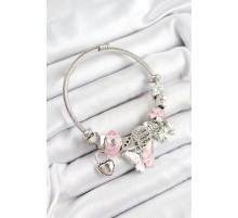 316L Çelik Pembe Zirkon Taşlı Fiyonk Ve Kilit Model Gümüş Renk Charm Bileklik - TJ-BB7245