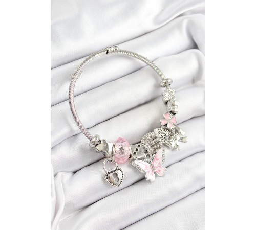 316L Çelik Pembe Zirkon Taşlı Fiyonk Ve Kilit Model Gümüş Renk Charm Bileklik - TJ-BB7245