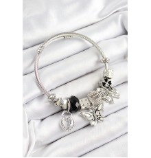 316L Çelik Siyah Zirkon Taşlı Fiyonk Ve Kilit Model Gümüş Renk Charm Bileklik - TJ-BB7246