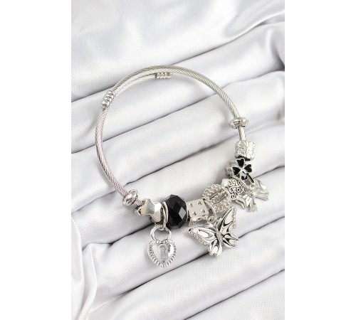 316L Çelik Siyah Zirkon Taşlı Fiyonk Ve Kilit Model Gümüş Renk Charm Bileklik - TJ-BB7246