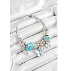 316L Çelik Mavi Zirkon Taşlı Fiyonk Ve Kilit Model Gümüş Renk Charm Bileklik - TJ-BB7247