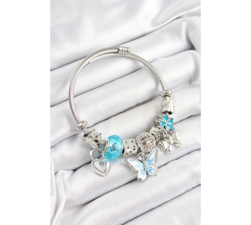 316L Çelik Mavi Zirkon Taşlı Fiyonk Ve Kilit Model Gümüş Renk Charm Bileklik - TJ-BB7247