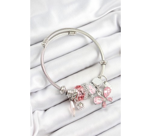 316L Çelik Pembe Zirkon Taşlı Model Gümüş Renk Charm Bileklik - TJ-BB7248