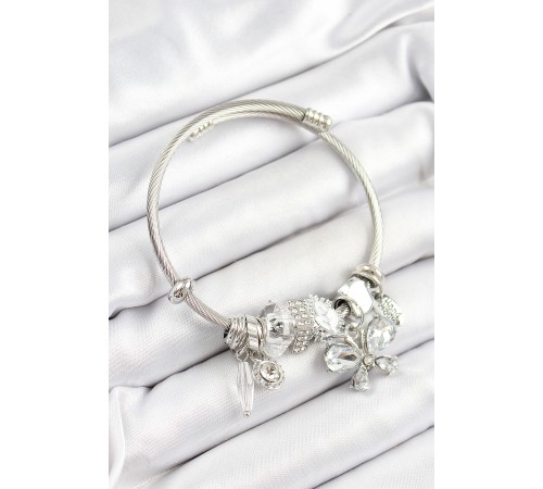 316L Çelik Beyaz Zirkon Taşlı Model Gümüş Renk Charm Bileklik - TJ-BB7249